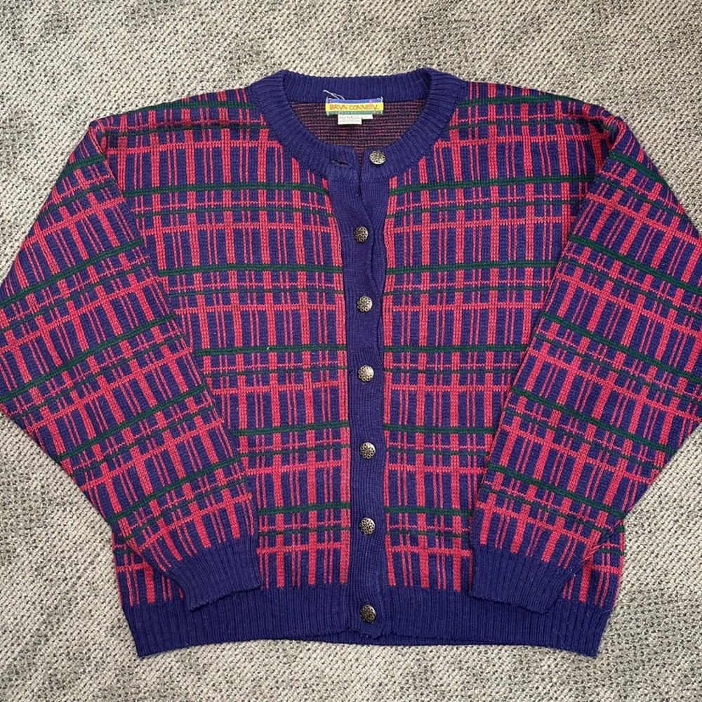 Bryn Connelly Vintage Cardigan Sweater Purple Red Plaid Geometric Buttons Large